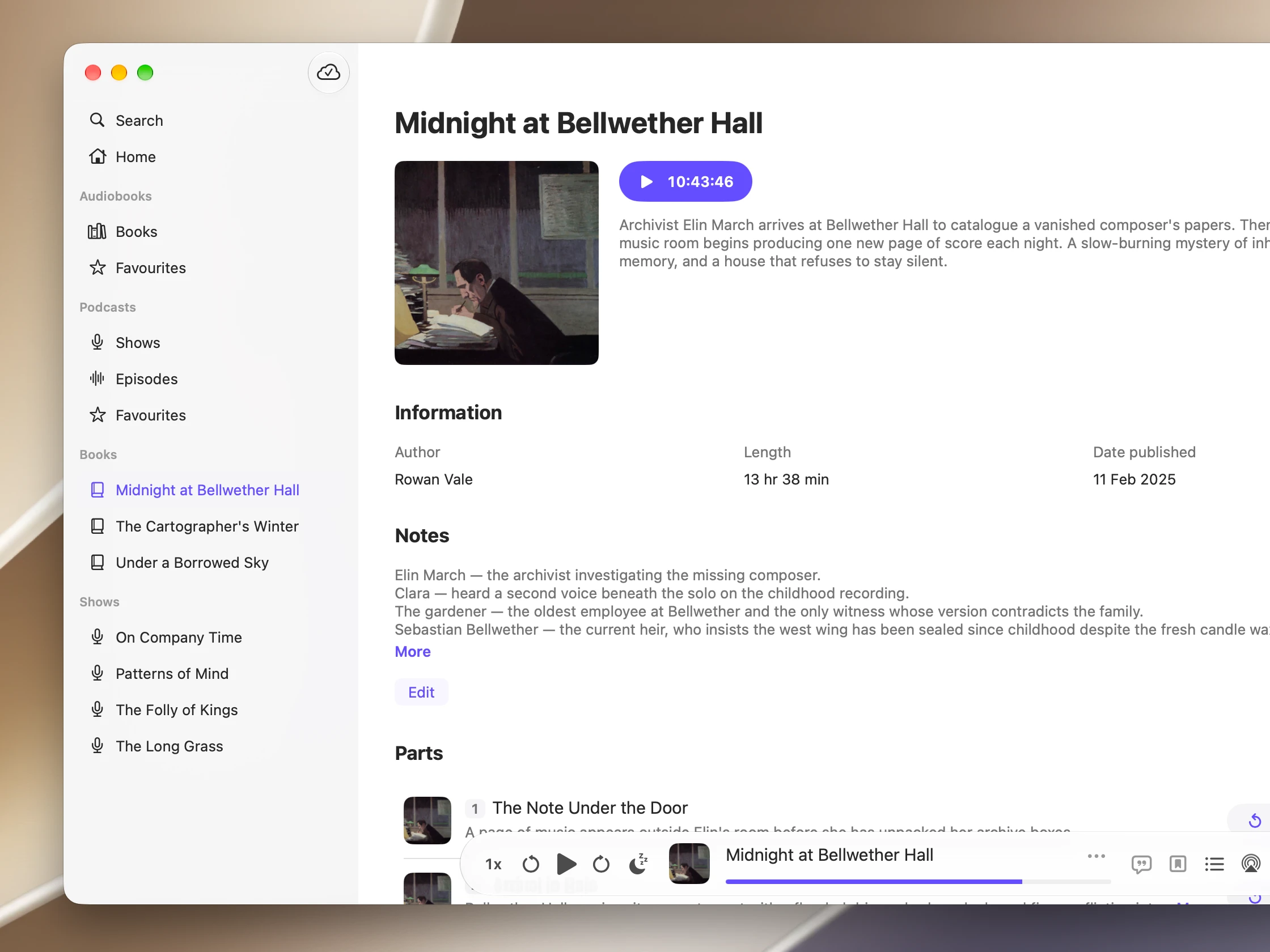 Audely on Mac showing an audiobook page with its parts
