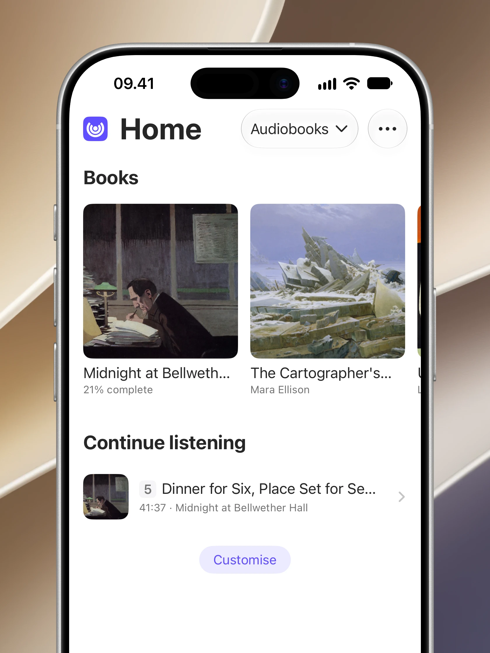 A personal audiobook library in Audely on iPhone