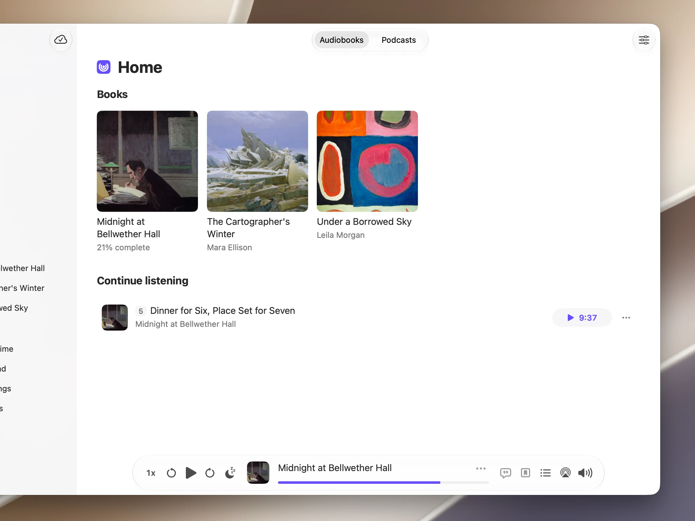 Audely on Mac showing an audiobook library with book covers