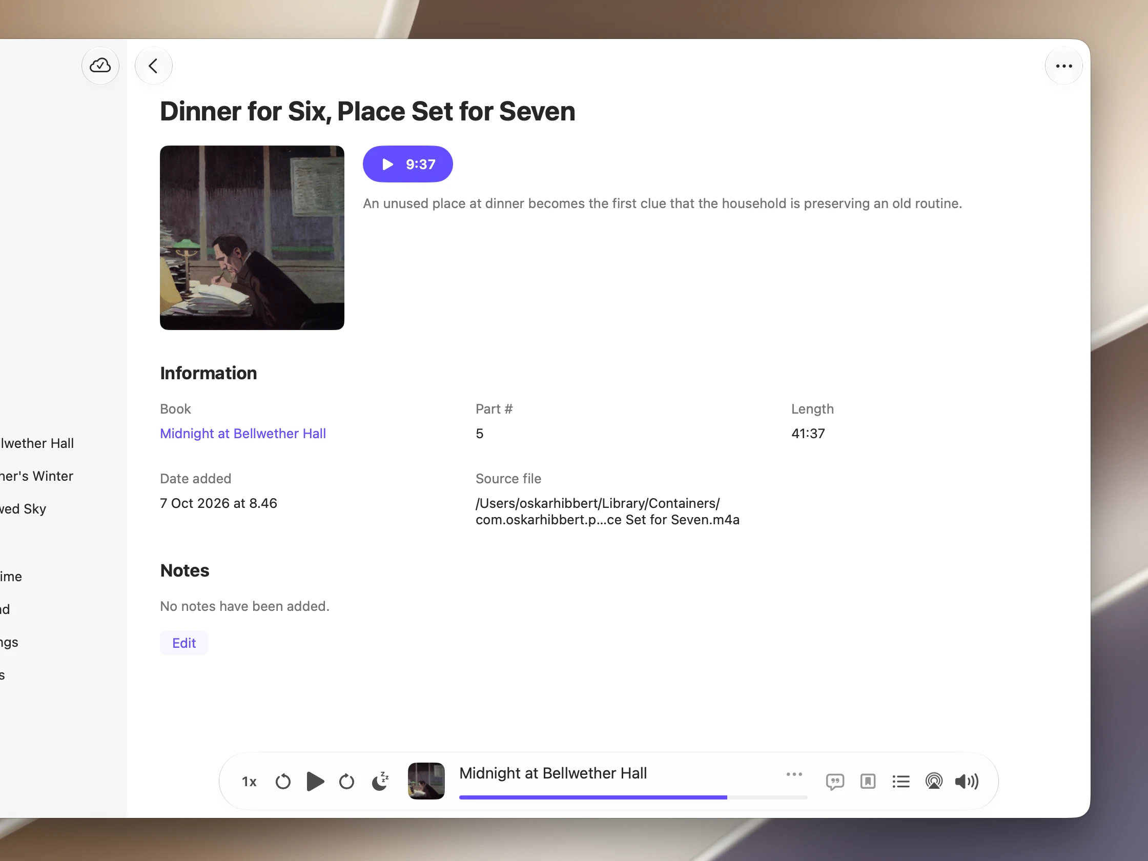 Audely on Mac showing audiobook part details