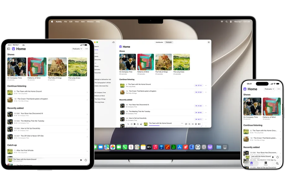 Audely running on a MacBook, iPad, and iPhone