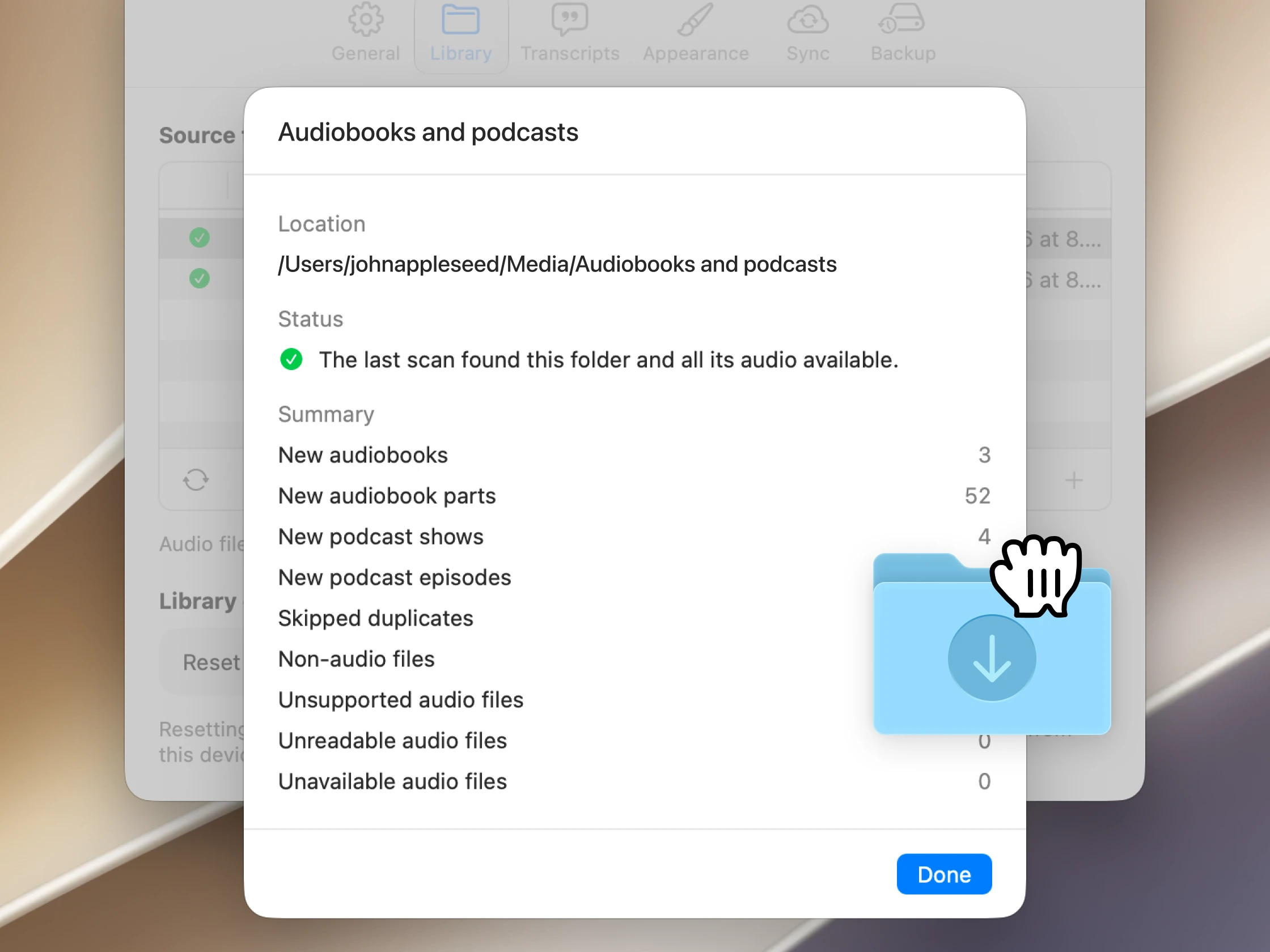 Audely on Mac showing a summary of audiobooks and podcasts found in scanned folders