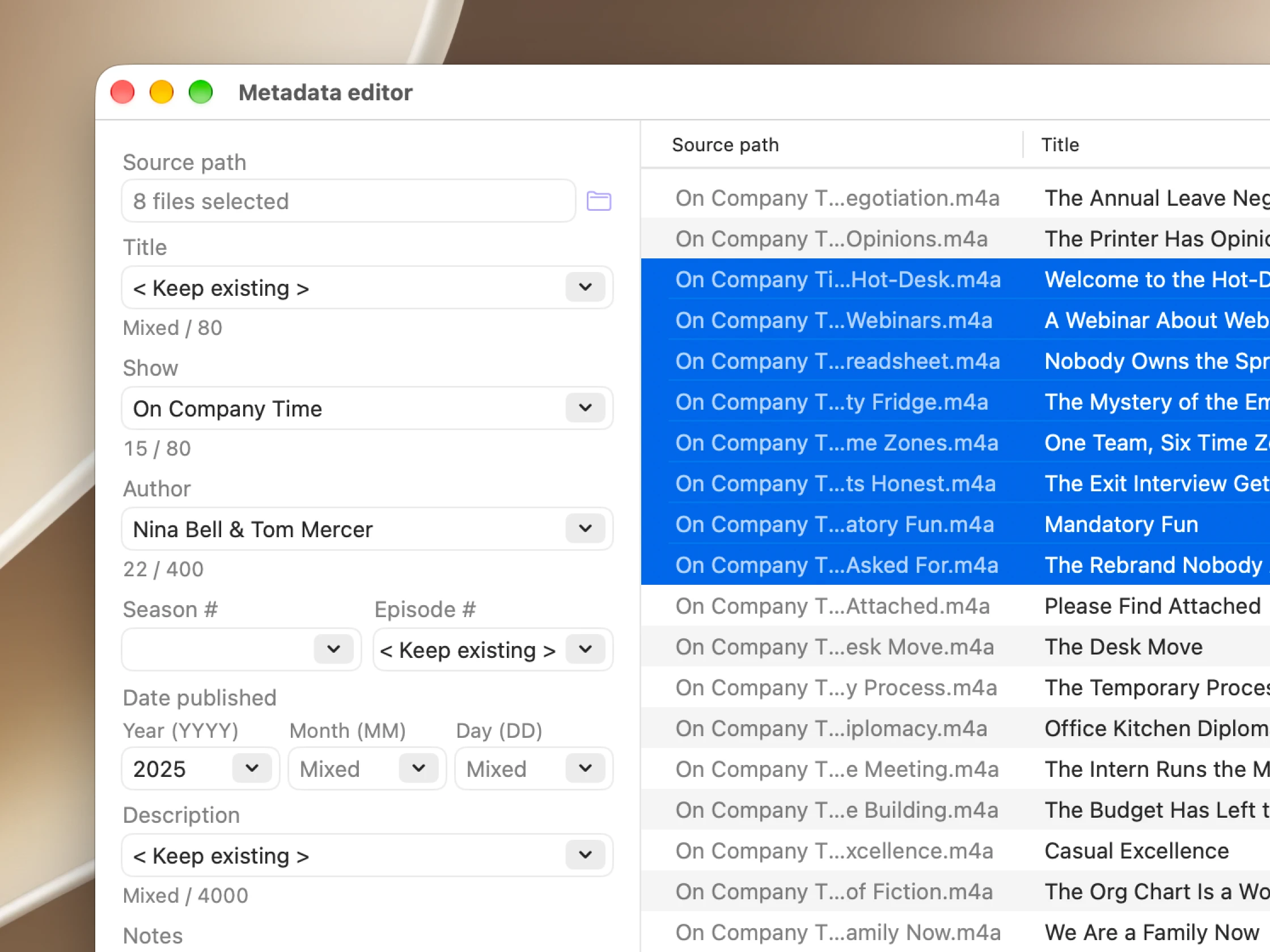 Audely on Mac editing metadata for multiple episodes at once