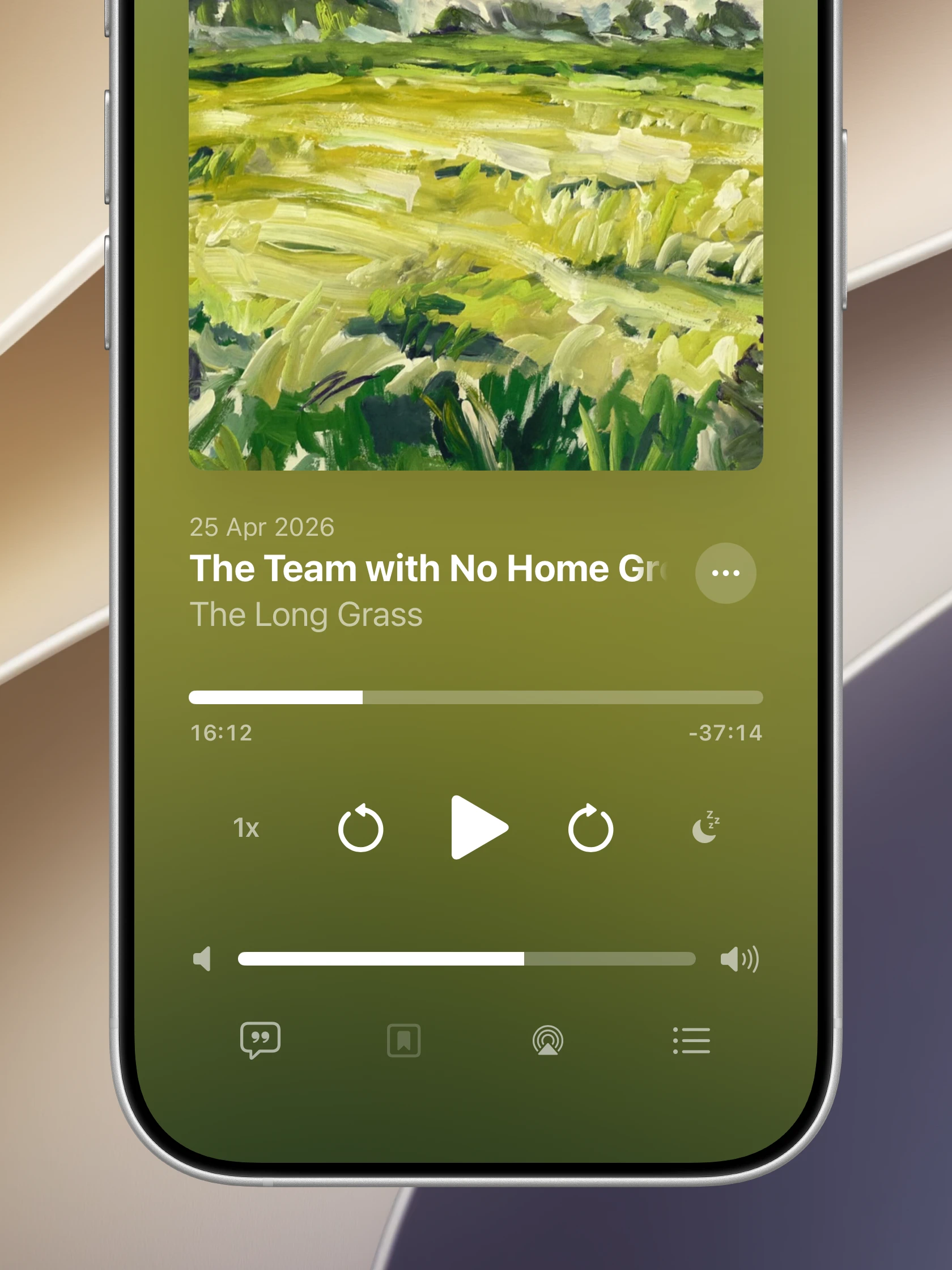 The full-screen podcast player in Audely on iPhone