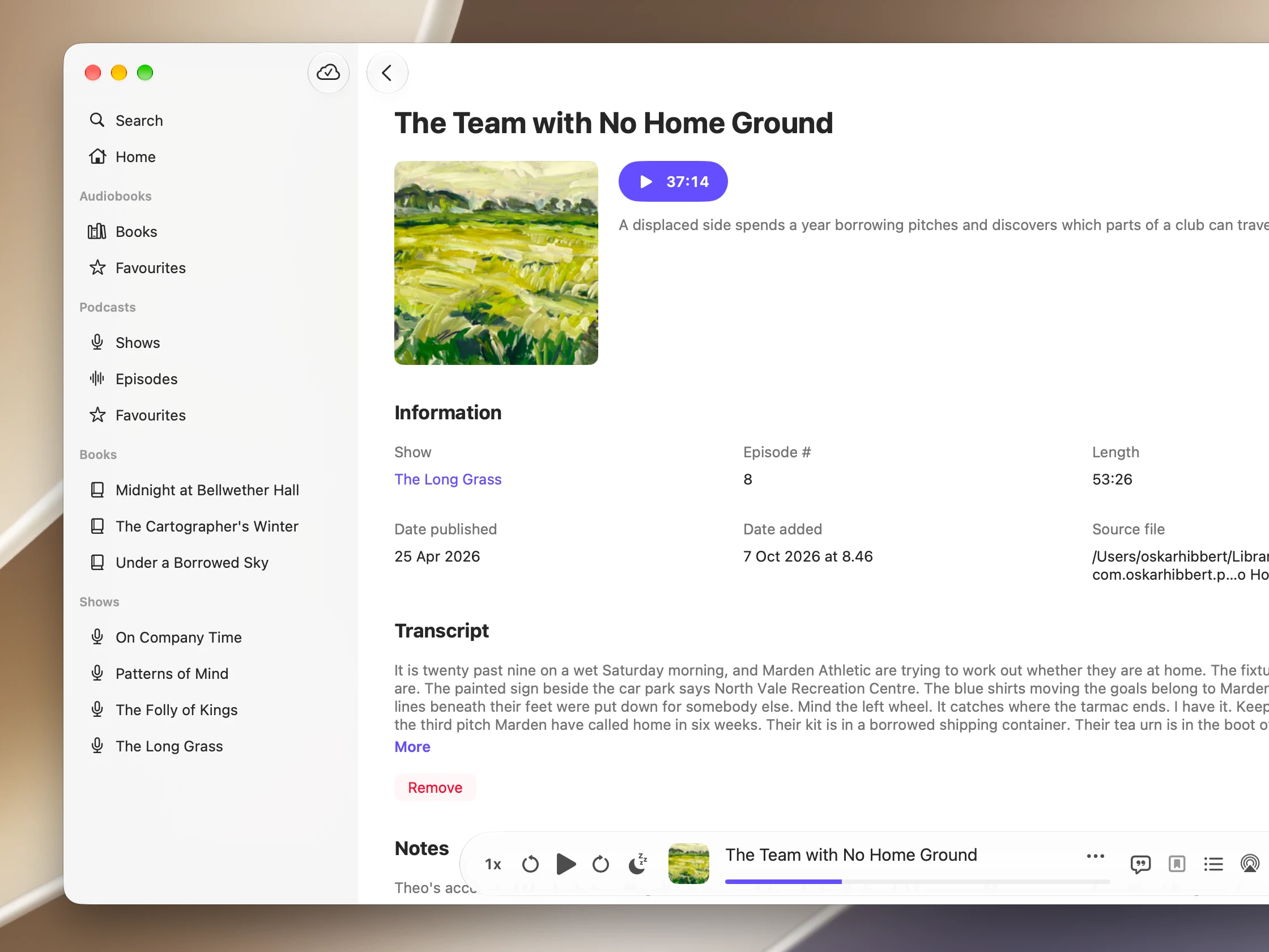 Audely on Mac showing podcast episode details