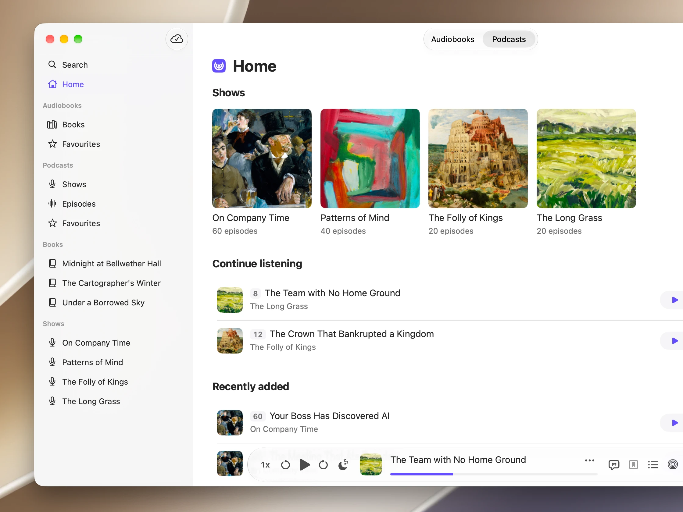 Audely on Mac showing a podcast library with show artwork