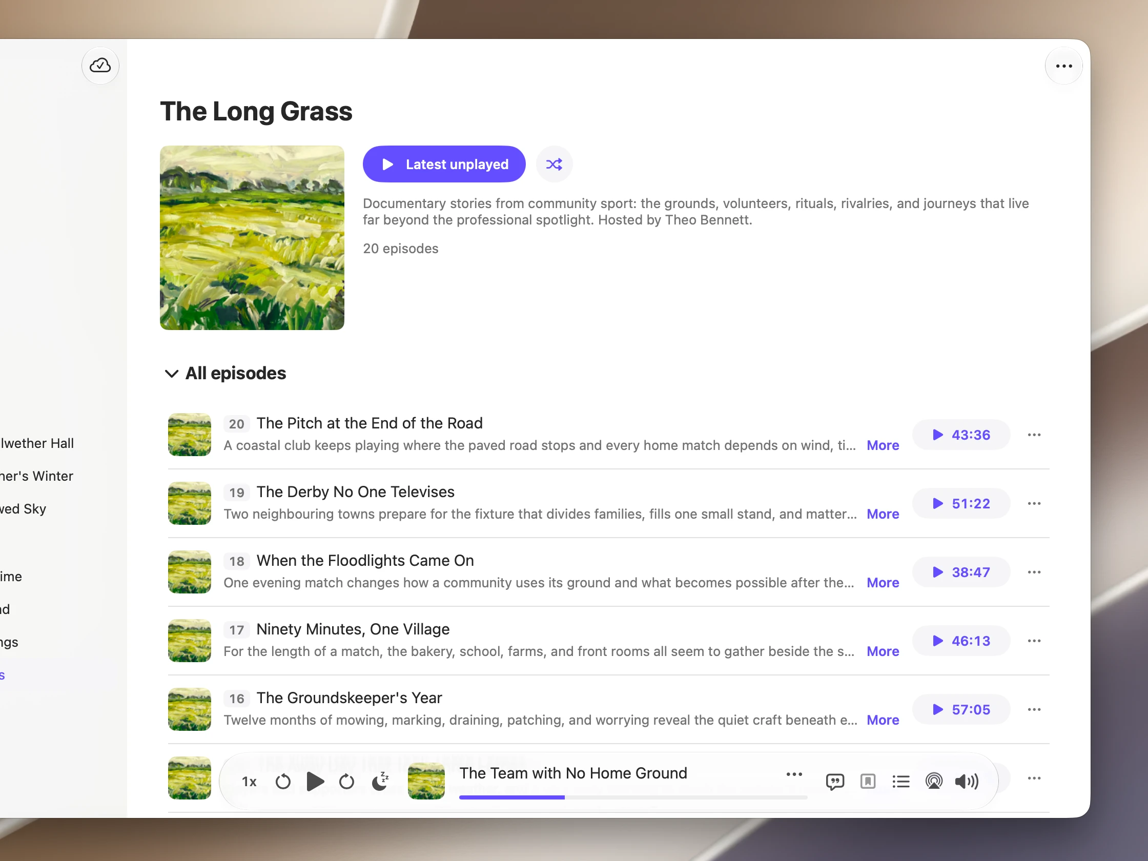 Audely on Mac showing a podcast show page with its episodes