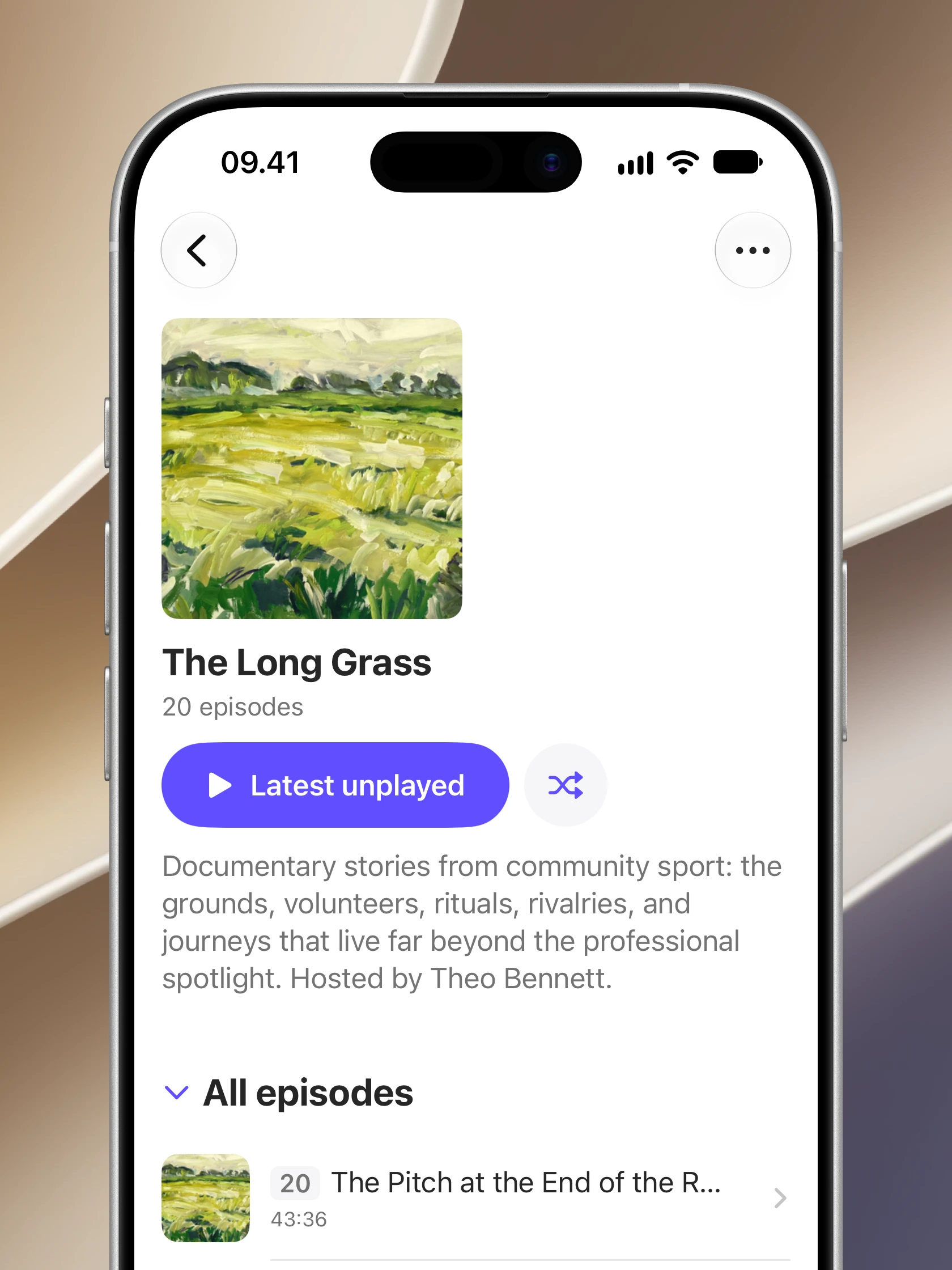 A podcast show and its episodes in Audely on iPhone