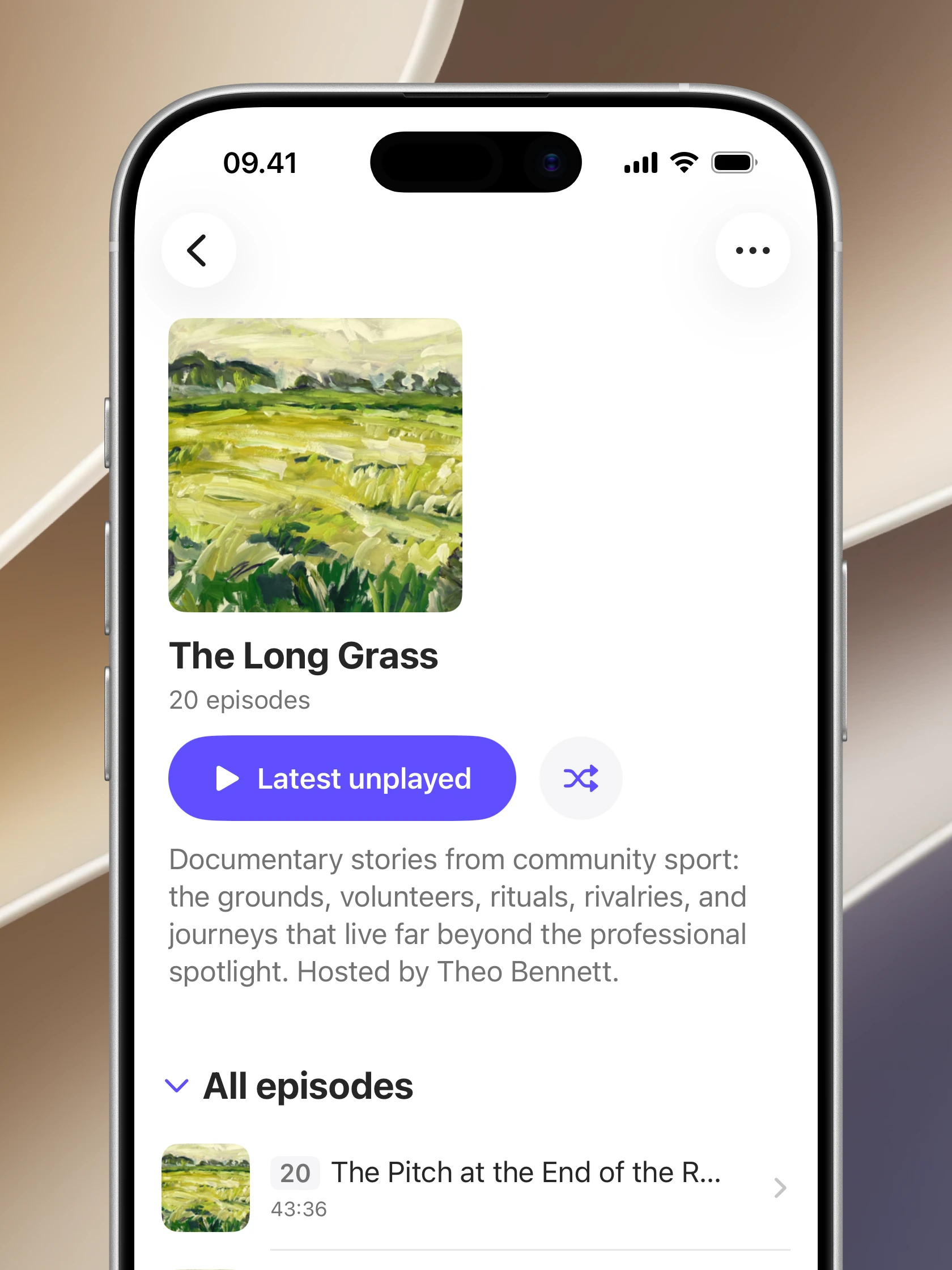 A podcast show and its episodes in Audely on iPhone