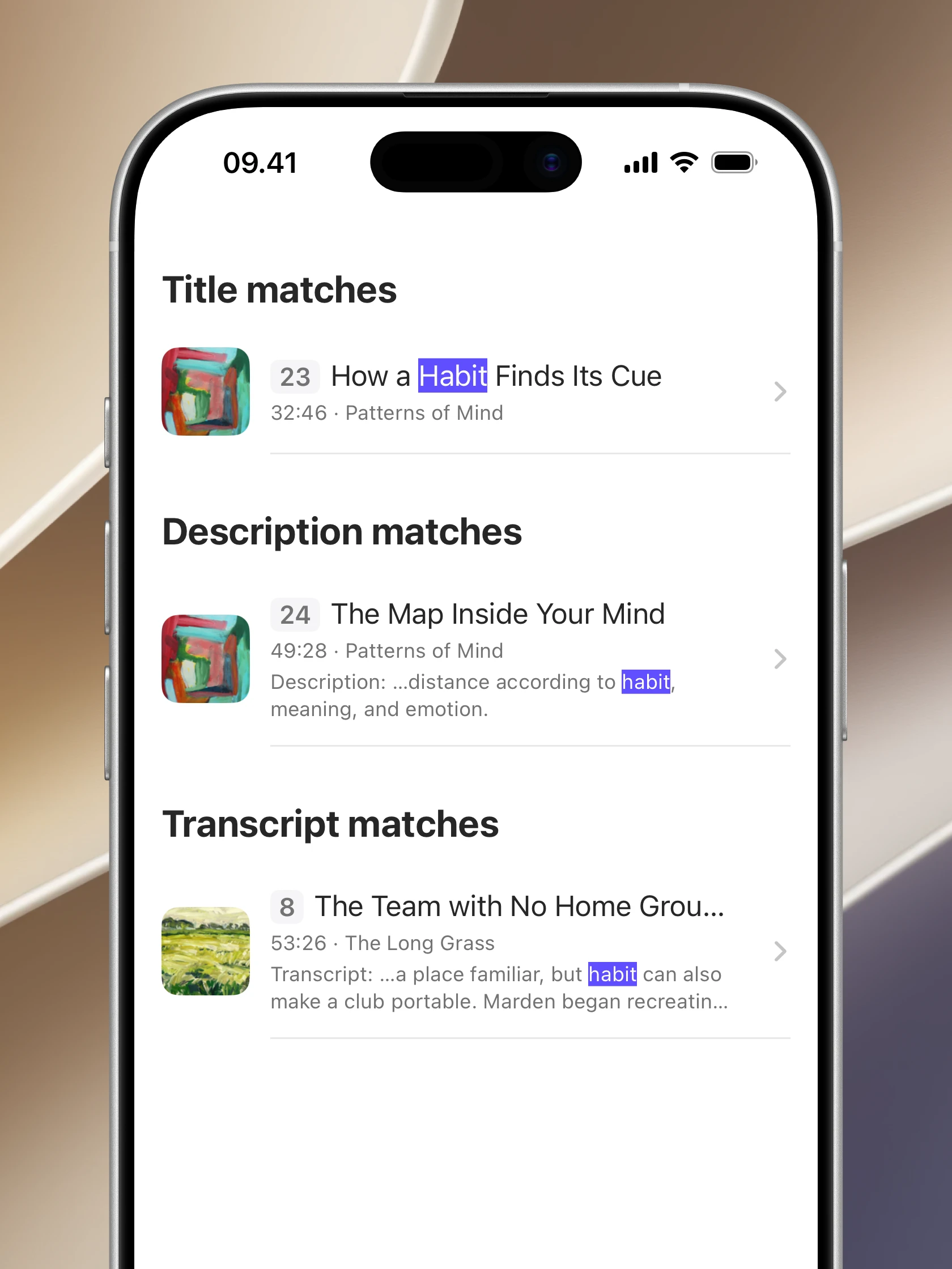 Audely search results including matches from podcast transcript text