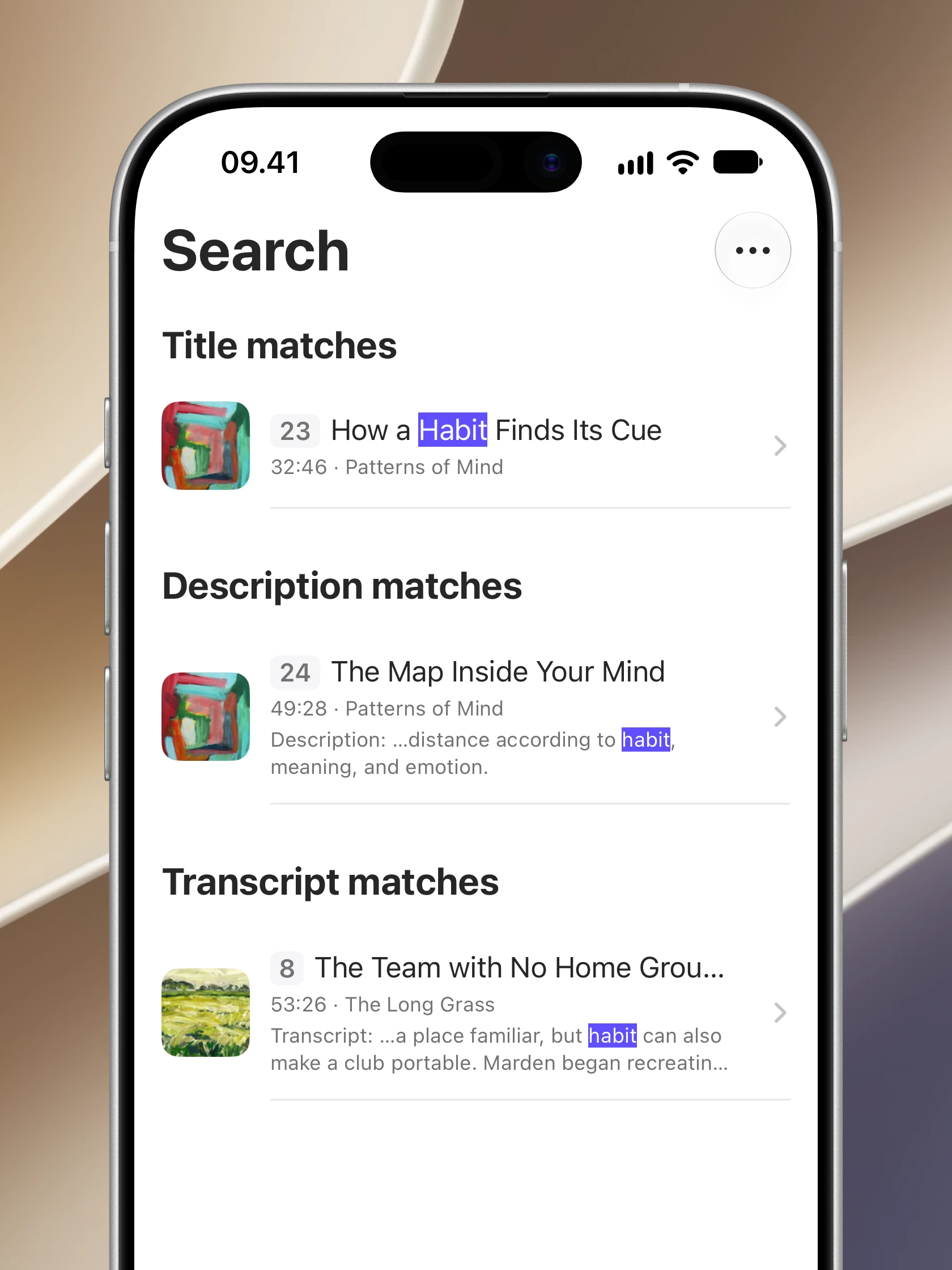 Audely search results including matches from podcast transcript text